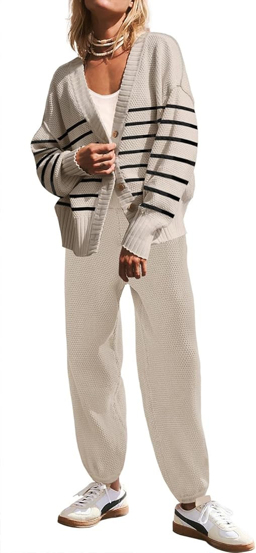 SAUKOLE Womens Two Piece Outfits Knit Sweater Sets Oversized Button Down Cardigan and Long Pants ... | Amazon (US)