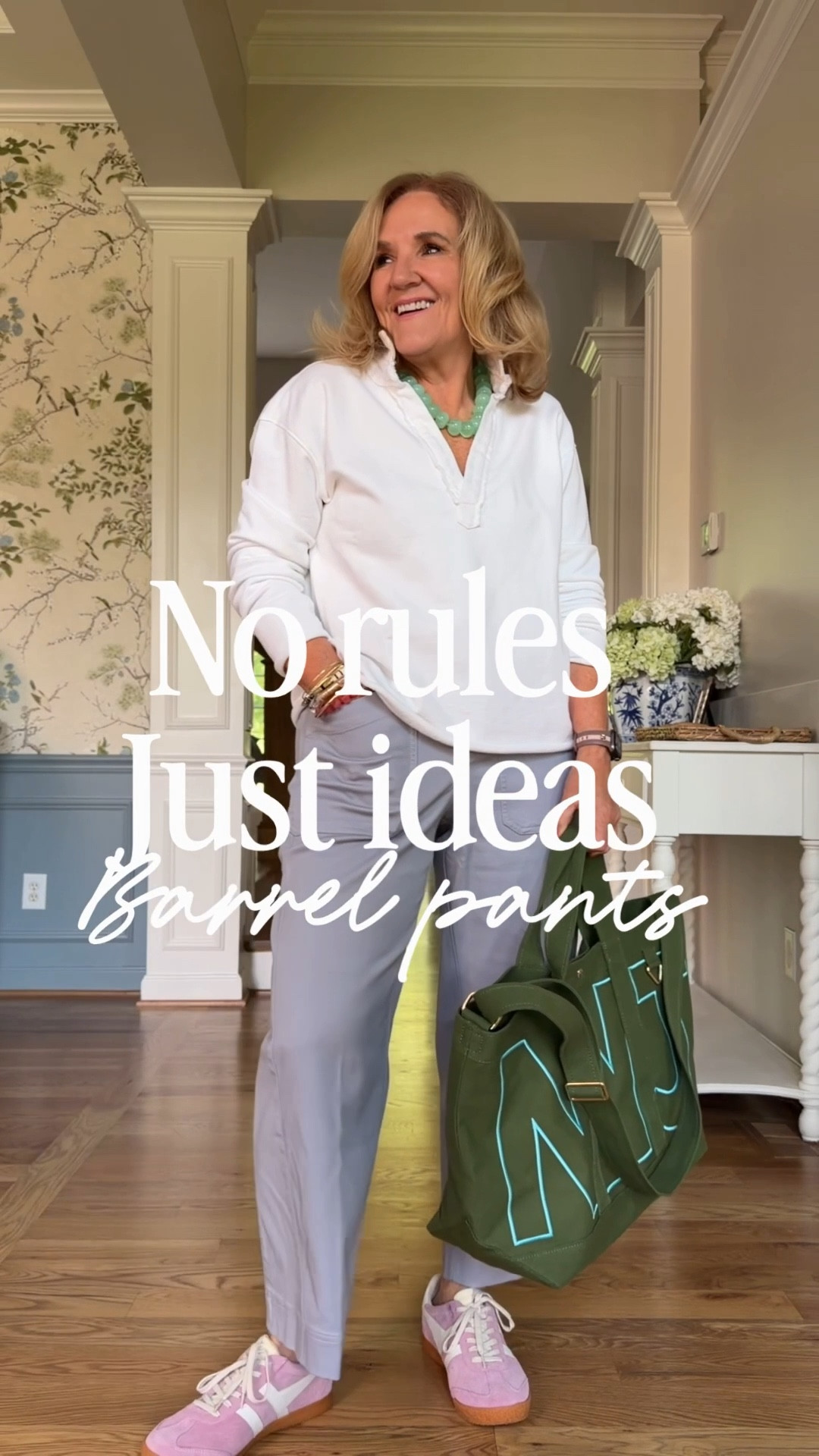 Spanx stretch twill barrel pants. I’m in a small petite. They do run generous 
I’m linking a few other favorite barrel pants and jeans too. 
French terry popover size medium 
Mama sweatshirt medium 
Cotton cashmere sweater medium 
Floral blouse medium 
10% off Eric javits bag code NANETTE


Spring outfits 2026 casual work outfits 

#LTKOver40 #LTKSaleAlert #LTKootd