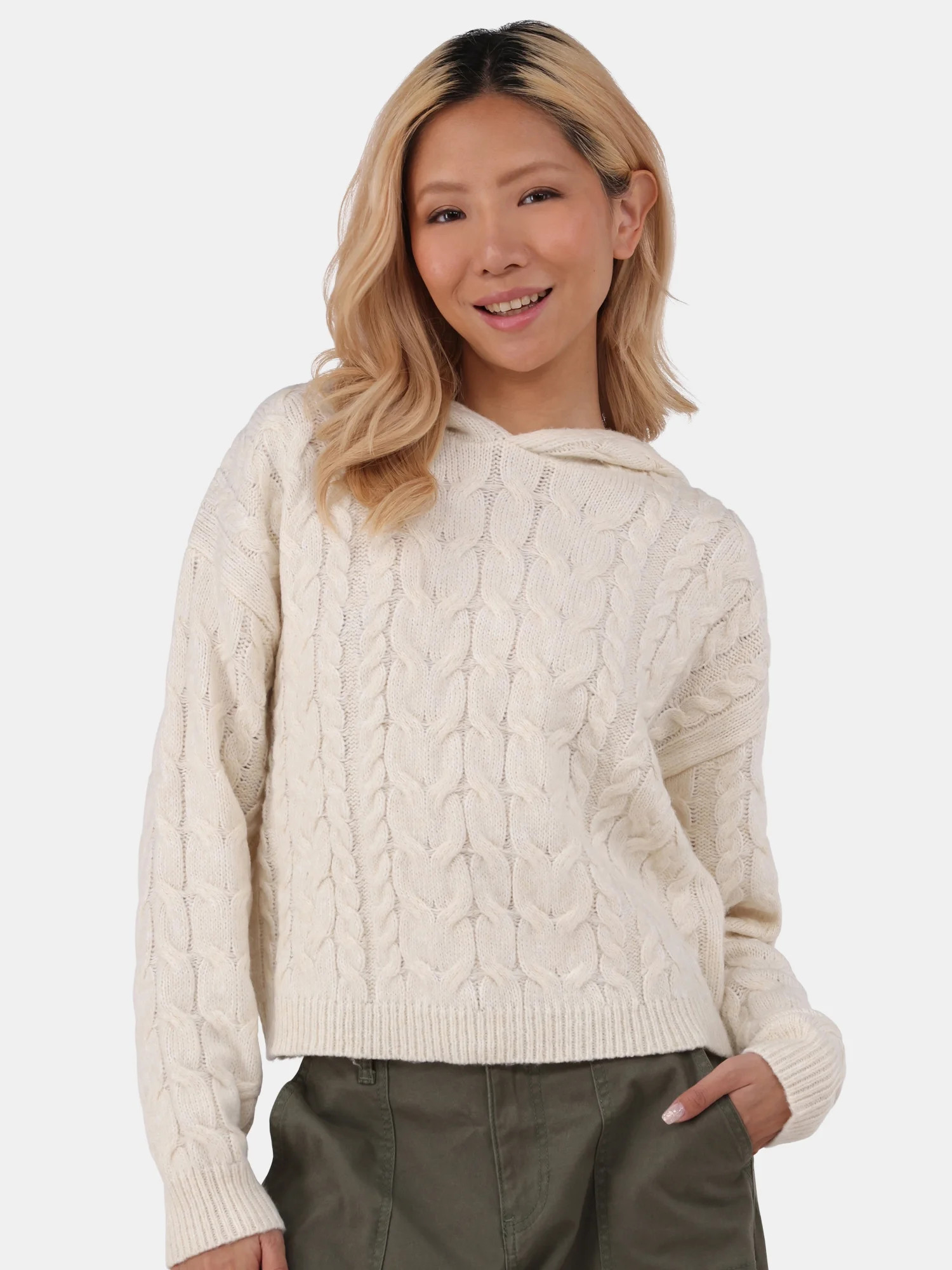 No Boundaries Cable Knit Hoodie Pullover, Women's and Women’s Plus - Walmart.com | Walmart (US)