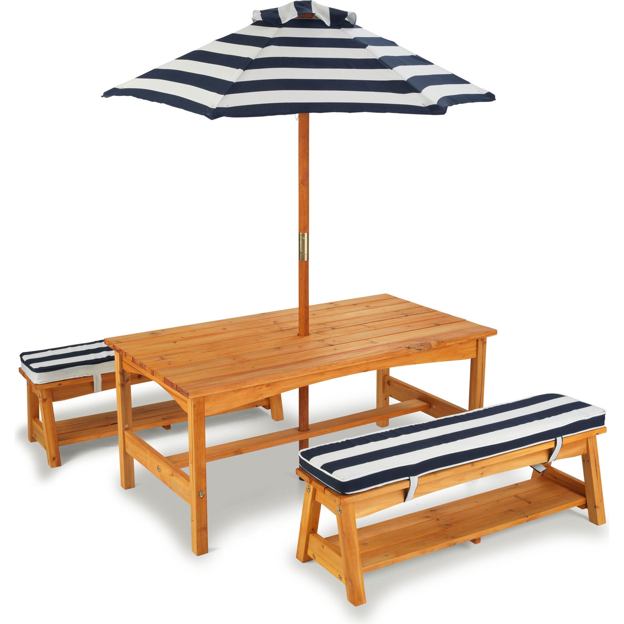 Outdoor Table and Bench Set with Cushions and Umbrella, Navy/White Stripes | Maisonette