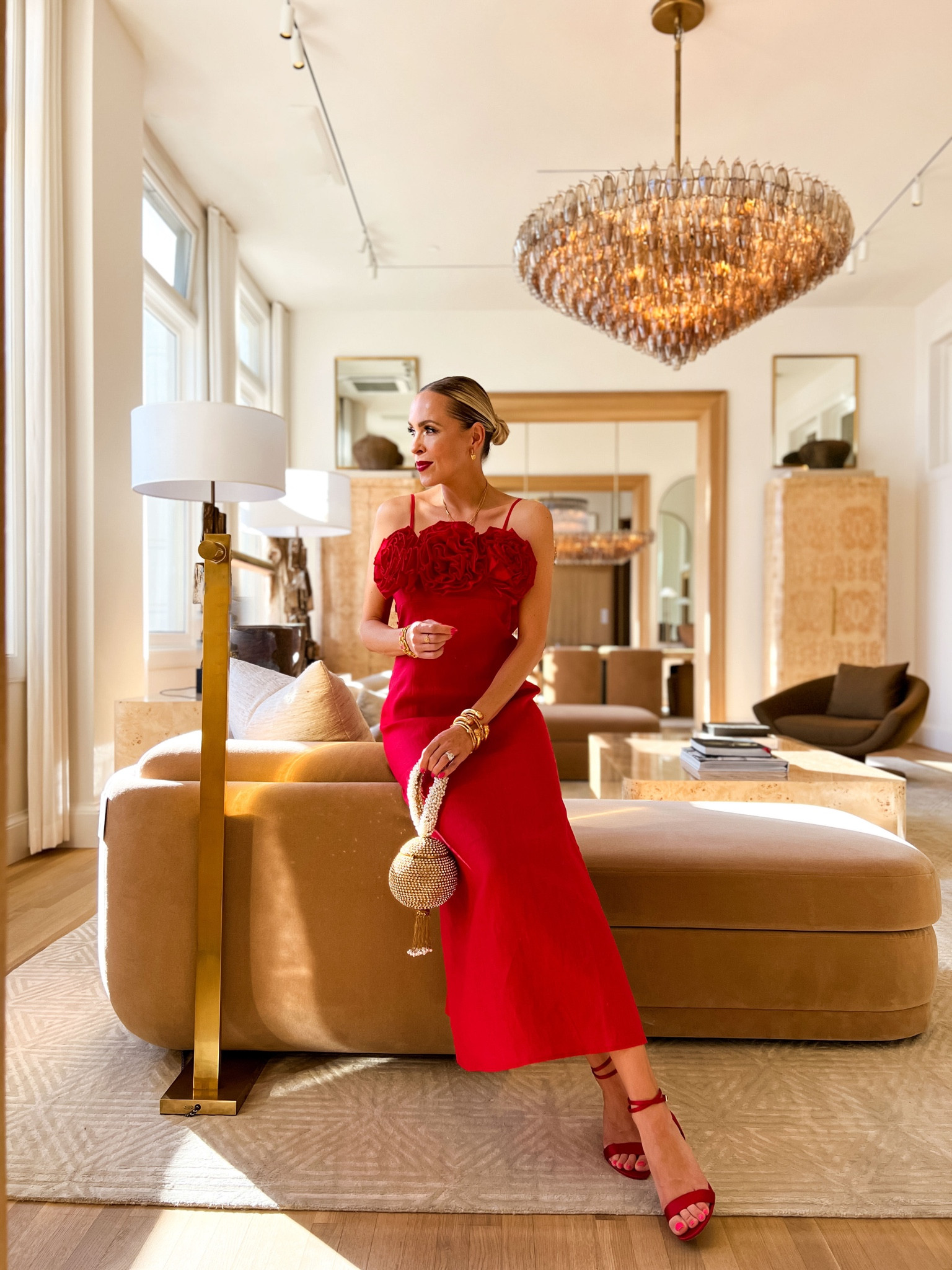 Valentine’s Day style from Julie Vos. Gold bracelet cuff. Coral stone. Red rose dress. Accessories. Heart earrings  

#LTKGiftGuide #LTKstyletip