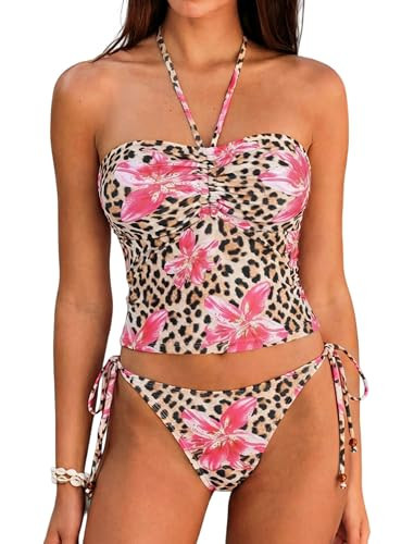 ZAFUL Floral Halter Bandeau Tankini Set Two Piece Tie Side Ruched Tube Bikini Set Swimsuit Bathing Suit(1-Leopard,M) | Amazon (US)