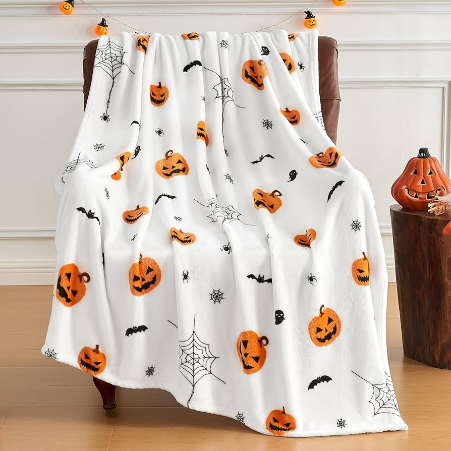 Soft Cozy Halloween Blanket, Spooky Pumpkin Bat Spider Webs Print White Throws for Couch Bed Home... | Amazon (US)