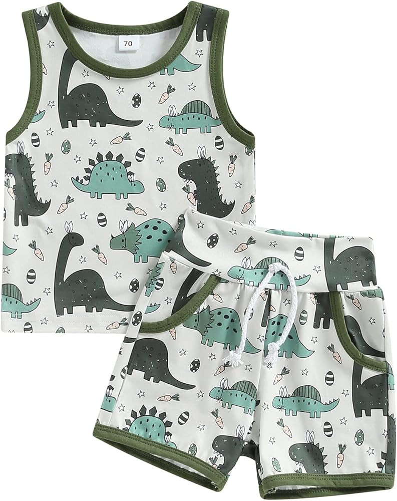 Ledy Champswiin Toddler Boy Clothes Baby Summer Outfit Dinosaur Letter Print Cotton Tops+Grey Ela... | Amazon (US)