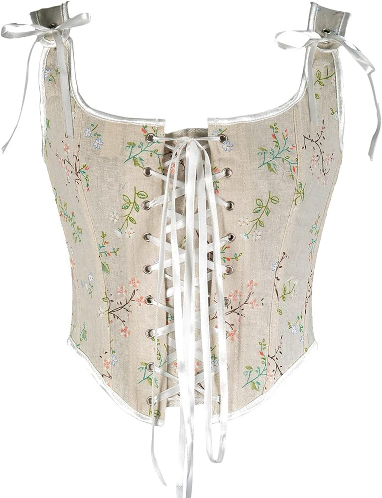 Bowanadacles Women Vintage Floral Camisole Flower Embroidery Pattern Tight Vest Drawstring Tie-up... | Amazon (US)