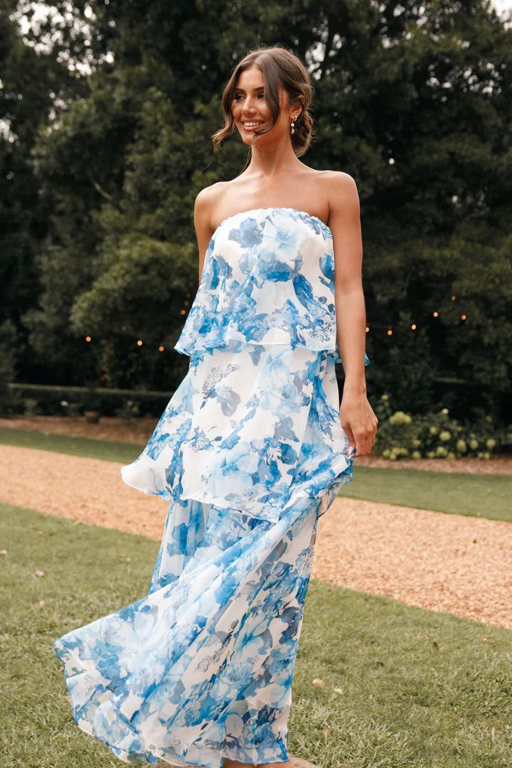 Bloom Strapless Maxi Dress - Blue White Floral | Petal & Pup (US)