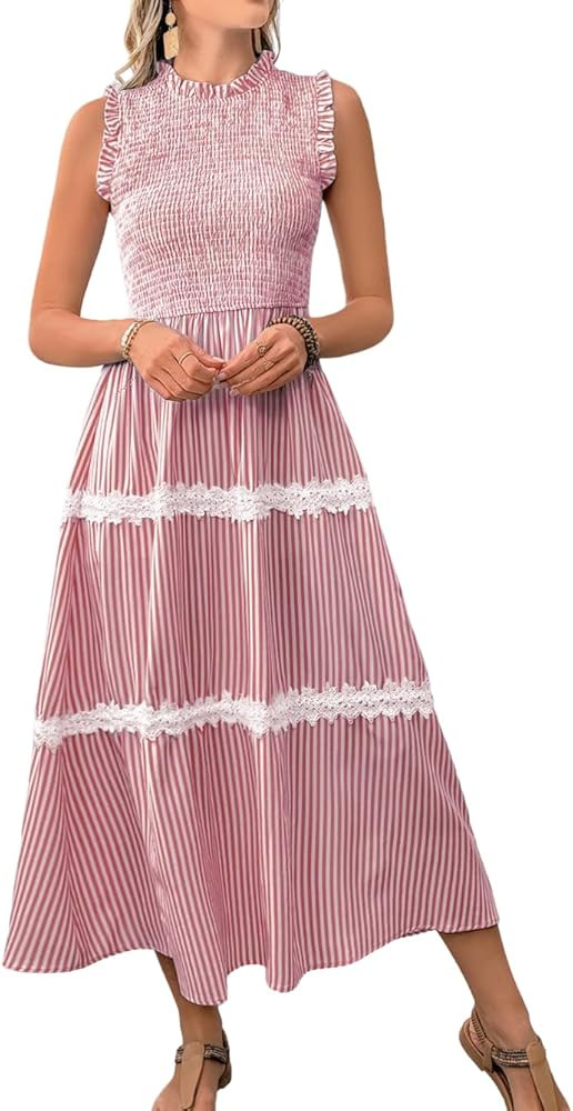 ShawGobow Casual Striped Midi Dress,Sleeveless Smocked Flowy Tiered Dress,Womens Sundress Easter ... | Amazon (US)