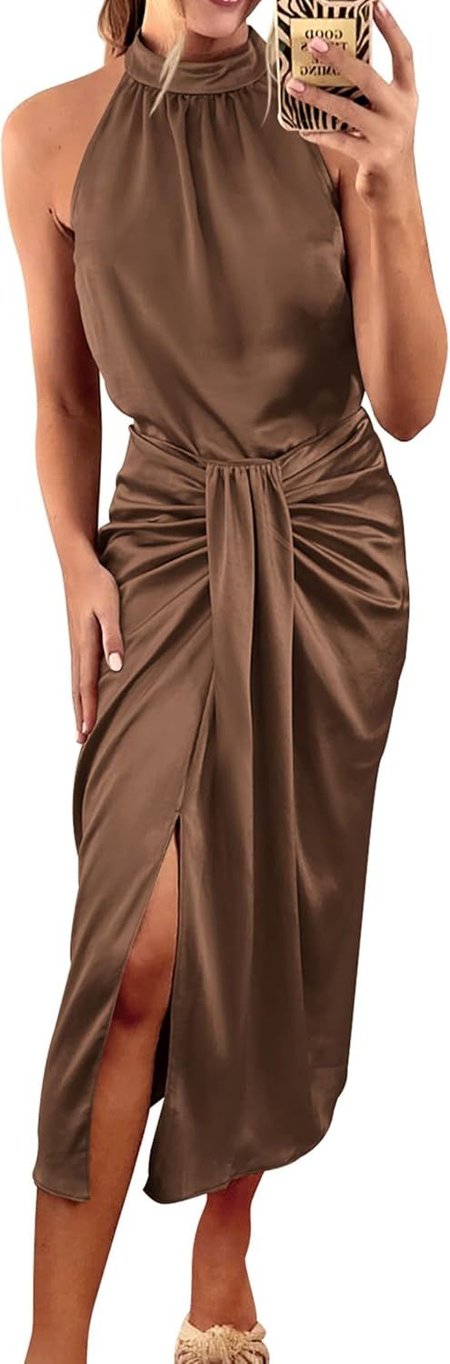 KIRUNDO Women 2024 Summer Satin Halter Ruched Bodycon Cocktail Dress Sleeveless Wrap Draped Slit ... | Amazon (US)