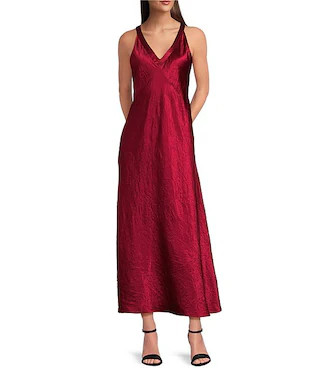 Textured Satin V-Neck Sleeveless Midi Dress | Dillard's