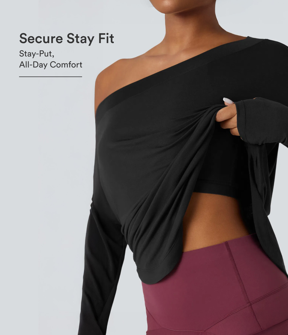 Halara One Shoulder Long Sleeve Thumb Hole Curved Hem High Low Quick Dry Yoga Sports Top-Built-in Bra  - Black - M | HALARA