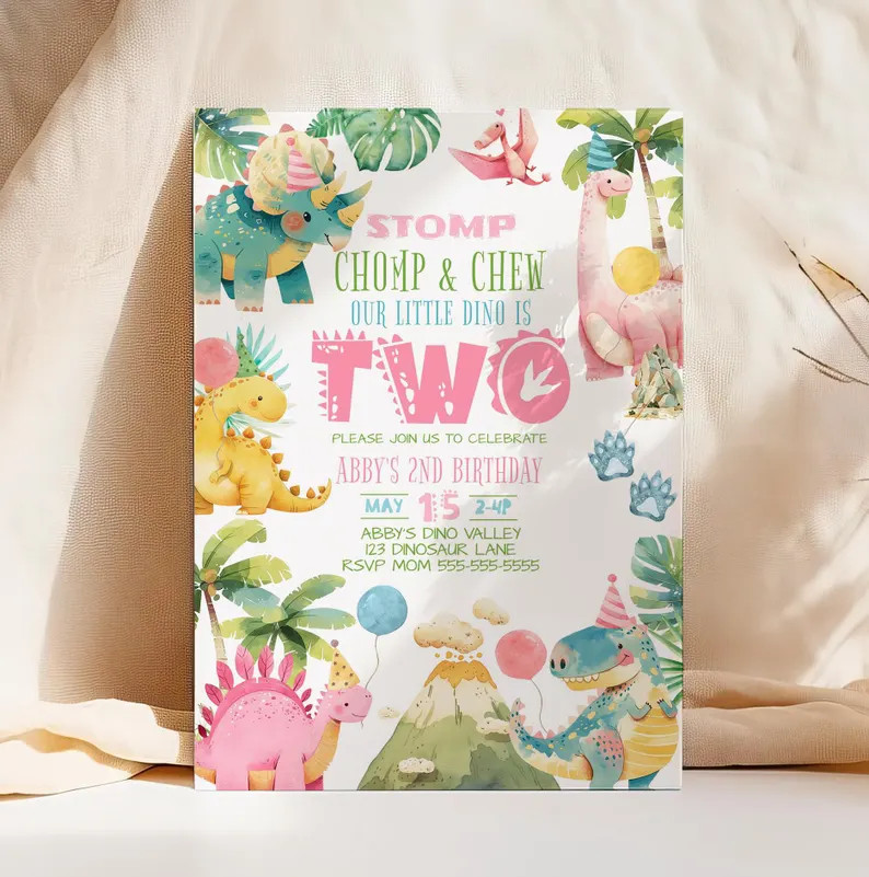 Girl Dinosaur Birthday Invitation Template Pink Dinosaur 2nd Birthday Dino Invite Printable Birth... | Etsy (US)