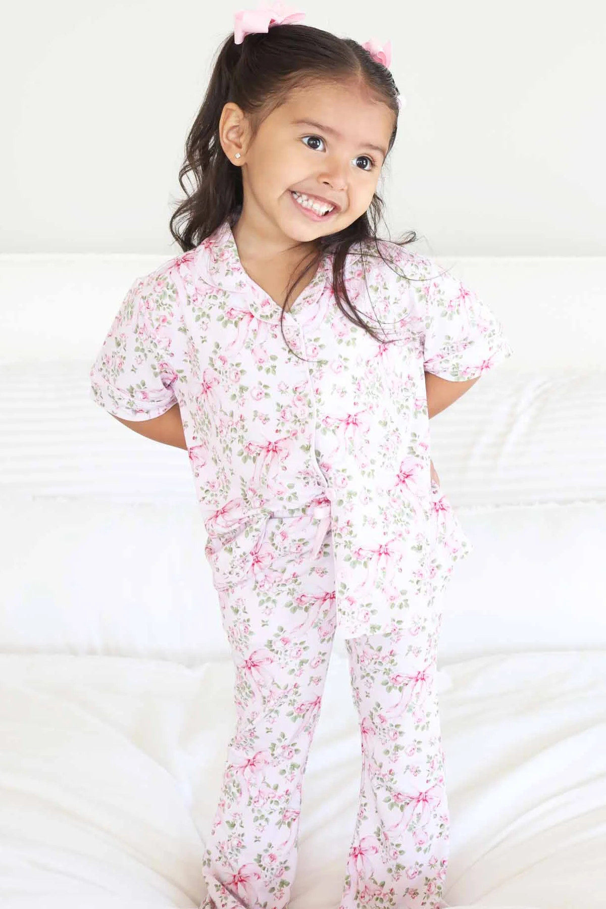 Girl's Two Piece Flare Lounge Set | Bows in Bloom | Caden Lane