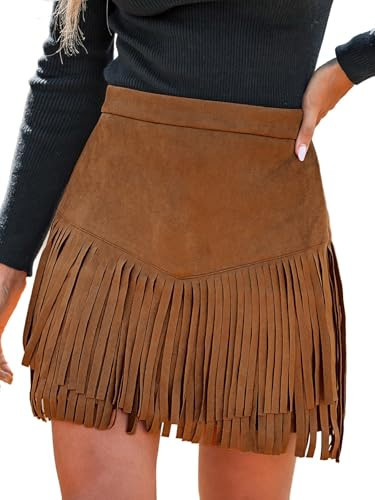 CUPSHE Women Fringe Skirts Western Cowgirl Terra Cotta High Waist Mini Skirt Suede Tassel Short Counrty Concert M Orange Brown | Amazon (US)