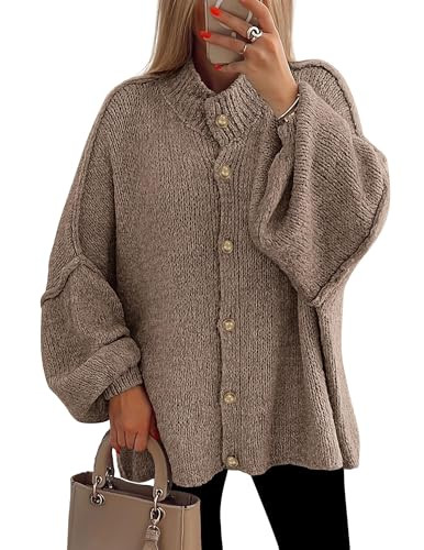 PRETTYGARDEN Women's Winter Button Down Cardigan Sweaters Mock Neck Lantern Long Sleeve Chunky Knit Jacket Trendy Outerwear (Camel,Small) | Amazon (US)
