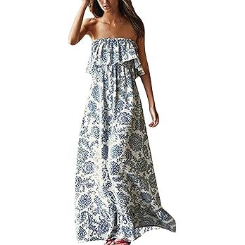ZMPSIISA Women's Summer Off The Shoulder Maxi Dress Ruffle Strapless Blue White Porcelain Boho Ca... | Amazon (US)