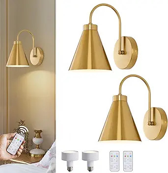Vintage Cordless Gooseneck Battery Operated Wall Sconces Set of 2, Gold Bedside Battery Powered W... | Amazon (US)