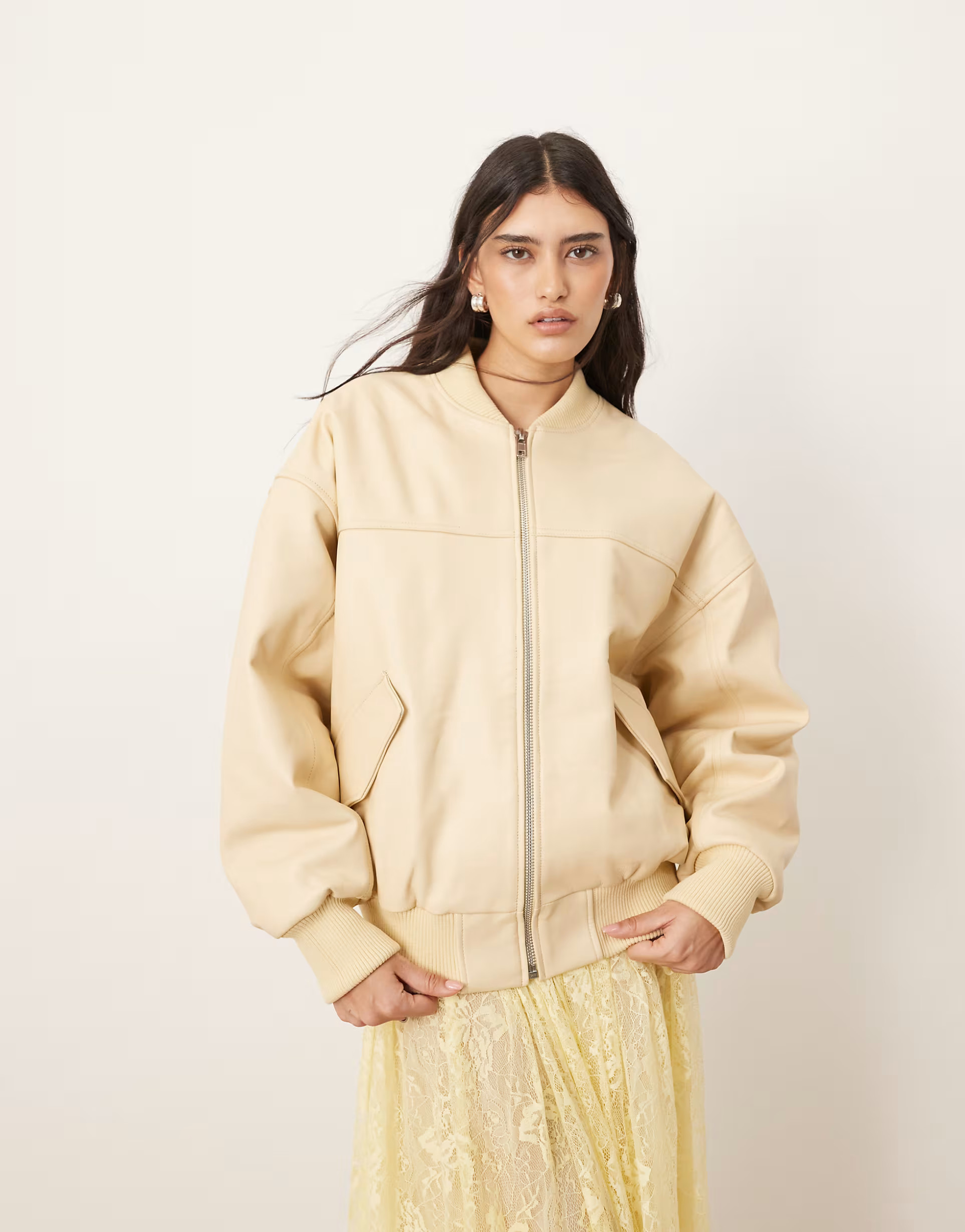 ARRANGE premium leather oversized bomber jacket co-ord in buttermilk | ASOS (Global)