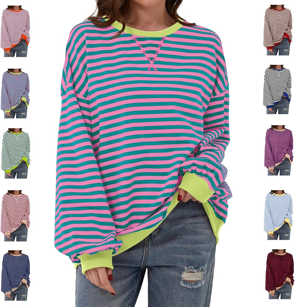 Women Oversized Striped Long Sleeve Color Block Crew Neck Sweatshirt Pullover Y2K Casual Loose To... | Amazon (US)