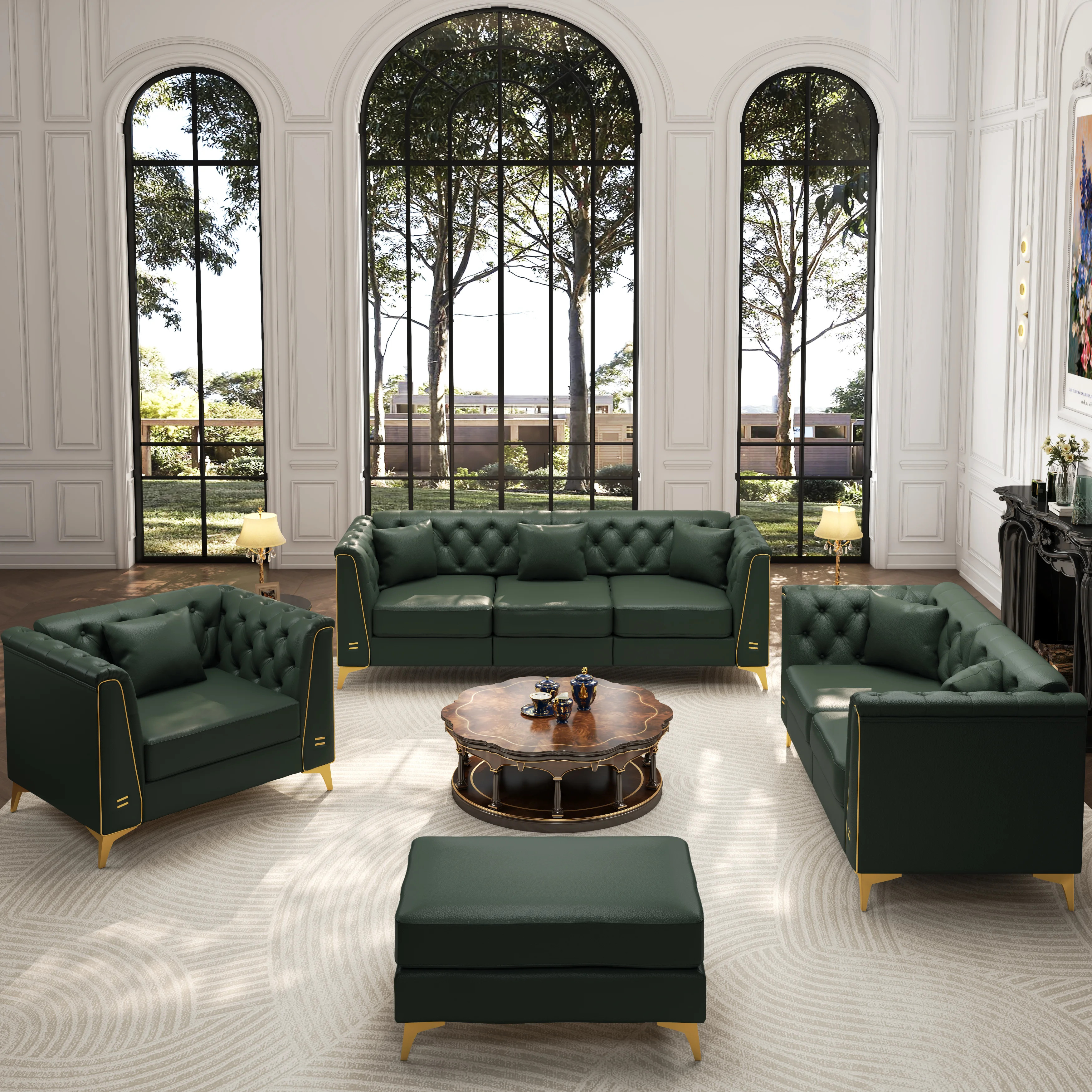 3 - Piece Modern Chesterfield Living Room Set, 4-Seater Luxury Faux Leather Sofa Set, Beige | Wayfair North America