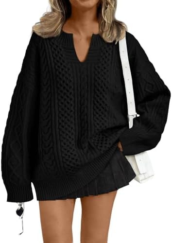 Trendy Queen Oversized Cable Knit Sweaters for Women 2026 Fall Outfits | V Neck Fall Fashion Clot... | Amazon (US)
