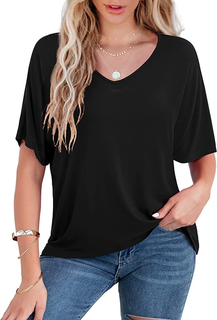 CPOKRTWSO Womens Tops Short Sleeve Dolman V-Neck T-Shirts High Low Hem Summer Casual Blouse Tops,... | Amazon (US)