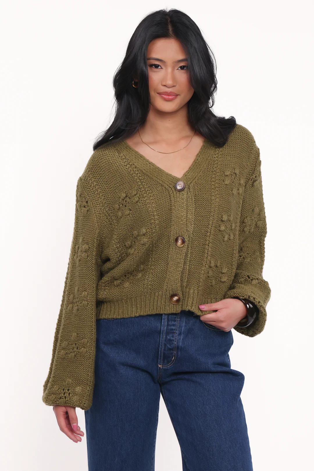 Melody Textured Button Up Cardigan - Olive | Petal & Pup (US)