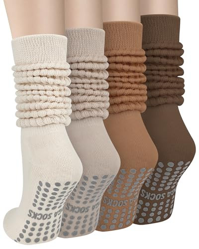 Ludaro 4 Pairs Pilates Grip Scrunch Socks for Women, Long Cotton Non Slip Slouch Yoga Calf Socks, Womens Slipper Crew Stockings for Casual, Dance, Ballet, Barre, Hospital | Amazon (US)