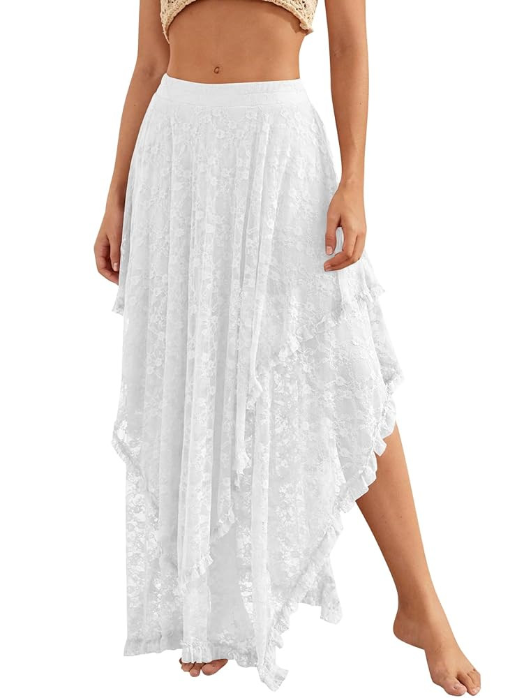 YKR Womens Lace Long Skirts Elastic Asymmetrical Layered Hem Sexy See-Through Flowy Skirts Floral... | Amazon (US)