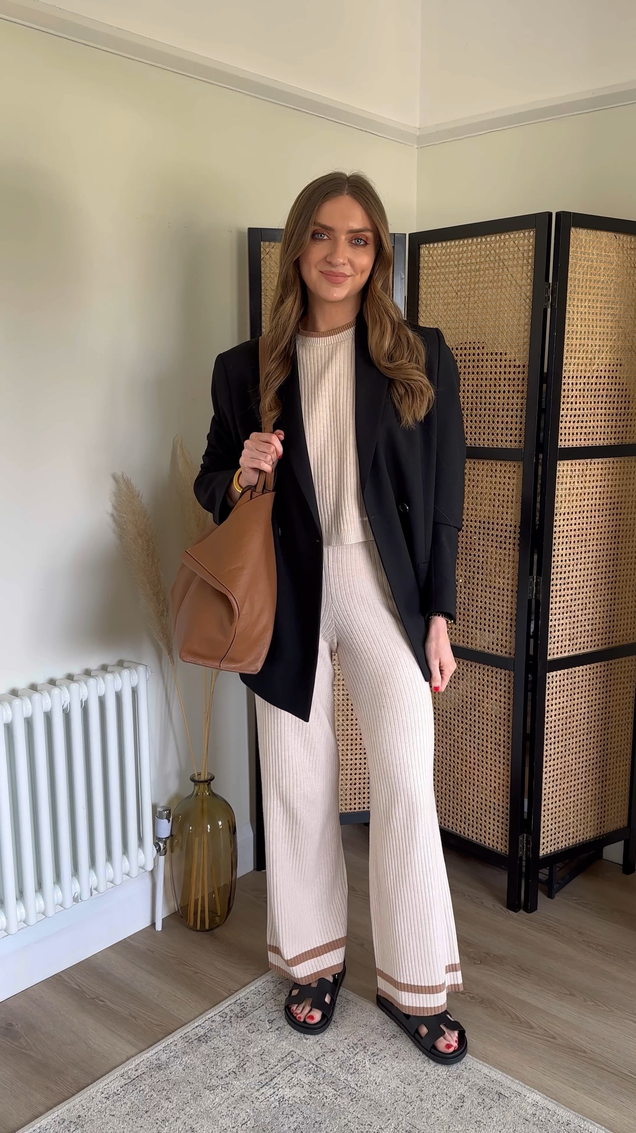 Airport outfit idea
Size 10 in the Michelle Keegan x Very
Long sleeve rib Co-ord jumper
And a size 10 in the matching knitted wide leg trousers
I’m 5ft 6 
& Other stories tan leather shopper bag
Hermes chypre sandals (dupes linked) 
Totême black blazer (bought at a sample sale so have linked similar styles) 

Airport outfit, travel outfit, casual outfit 

#LTKSeasonal #LTKstyletip #LTKeurope