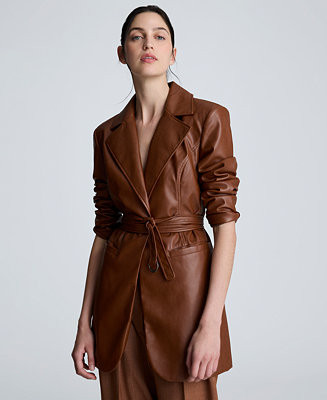 Women's Faux Leather Belted Trench Coat | Macy's