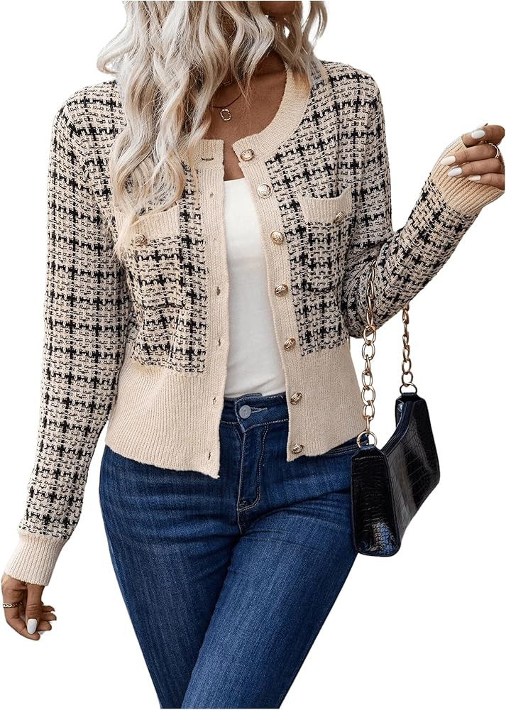 GORGLITTER Women's Plaid Pattern Button Down Cardigan Pocket Patched Long Sleeve Knit Top | Amazon (US)