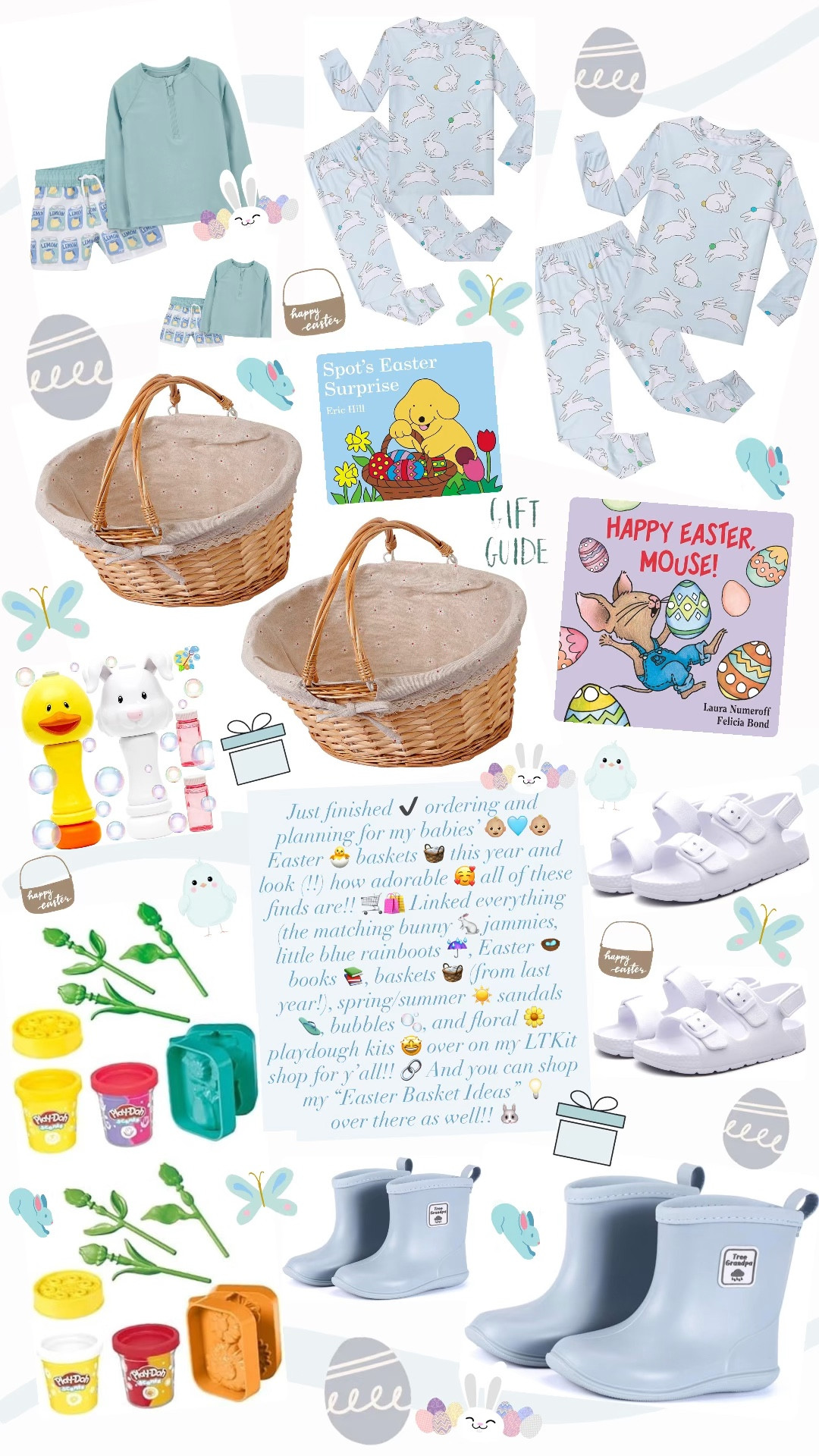 Just finished ✔️ ordering and planning for my babies’ 👶🏼🩵👶🏼 Easter 🐣 baskets 🧺 this year and look (!!) how adorable 🥰 all of these finds are!! 🛒🛍️ Linked everything (the matching bunny 🐇 jammies, little blue rainboots ☔️, Easter 🪺 books 📚, baskets 🧺 (from last year!), spring/summer ☀️ sandals 🩴, bubbles 🫧, and floral 🌼 playdough kits 🤩 over on my LTKit shop for y’all!! 🔗 And you can shop my “Easter Basket Ideas” 💡 over there as well!! 🐰 

#LTKBaby #LTKSeasonal #LTKKids
