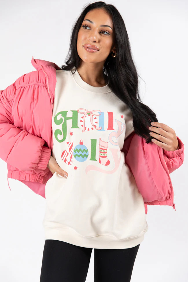Holly Jolly Cream Oversized Graphic Sweatshirt | Pink Lily