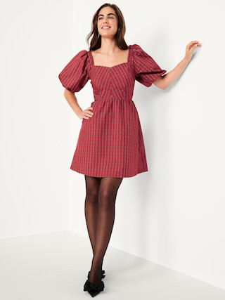 Puff-Sleeve Plaid Fit & Flare Taffeta Mini Dress | Old Navy (US)