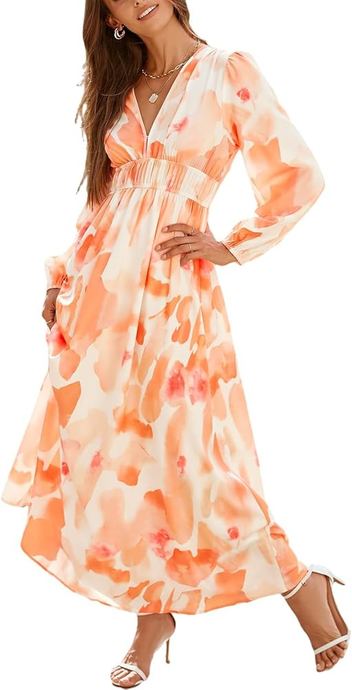 Sissyaki Women's 2024 Long Sleeve Boho Floral Maxi Dress V Neck Casual Long Dress | Amazon (US)