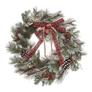 Frosted Artificial Christmas Wreath with Bow and Berries, 24-Inch, Unlit | Christmas Central