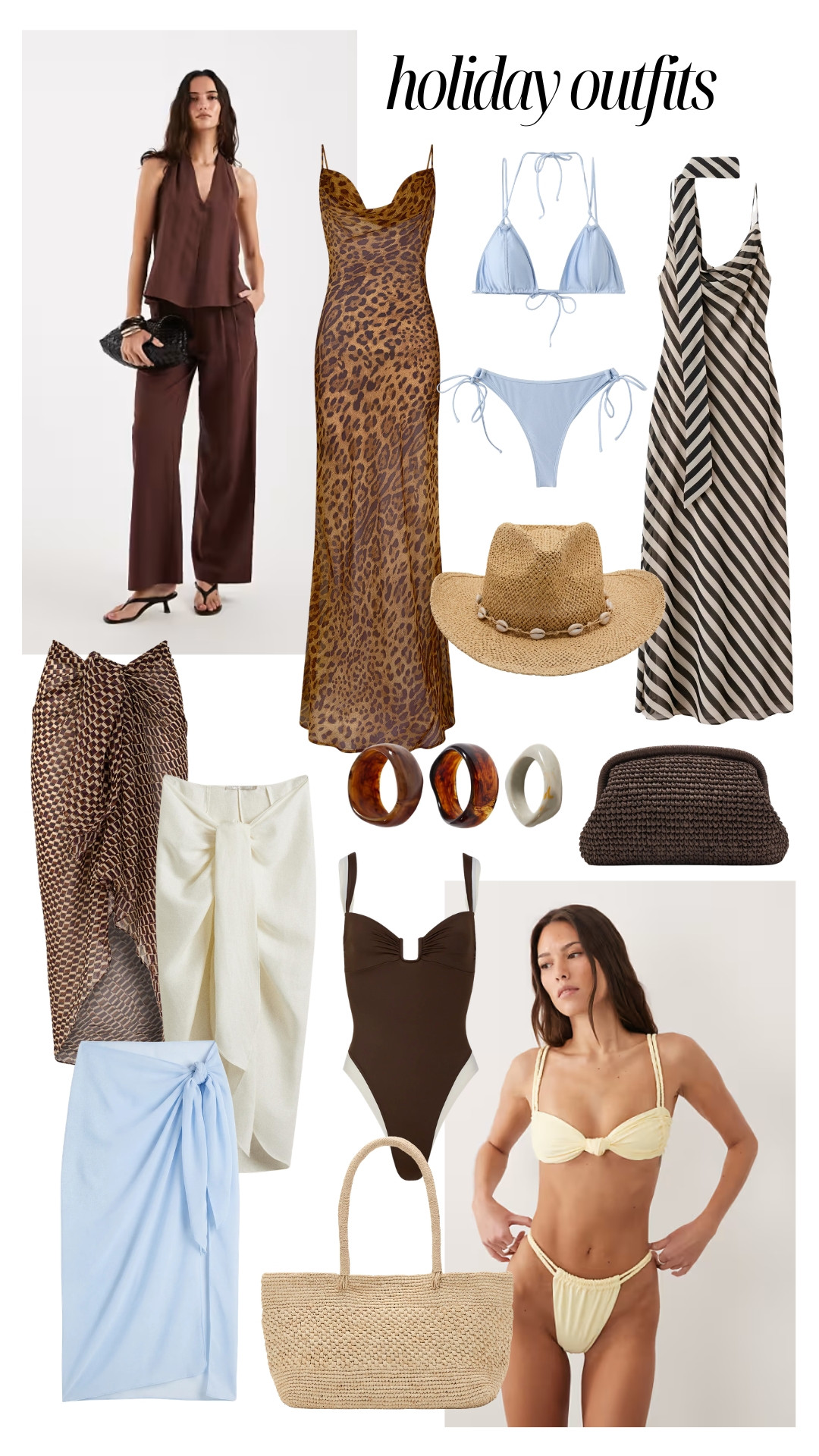 Holiday outfits for the beach, island, Ibiza vibes. Maxi satin dresses, linen trousers, swimwear, sarongs and raffia bags. Pastels, butter yellow and baby blue, leopard print, chocolate brown. 

 

#LTKsummer #LTKdresses #LTKstyletip