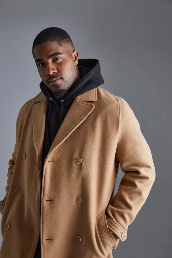 Tall Double Breasted Wool Look Overcoat in Camel | boohooMAN (US & Canada)