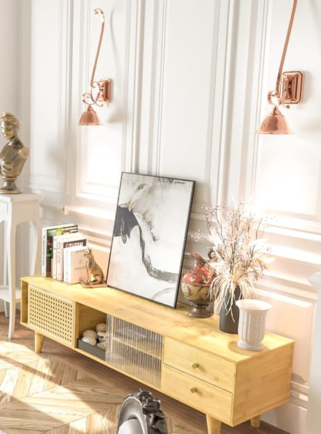 Mid Century Modern TV Stand for Up to 55+ Inches Televisions, Entertainment Center with Rattan, Glass Sliding Doors and Shelves, Wood Media Console with Open Storage Cabinets for Living Room | Amazon (US)