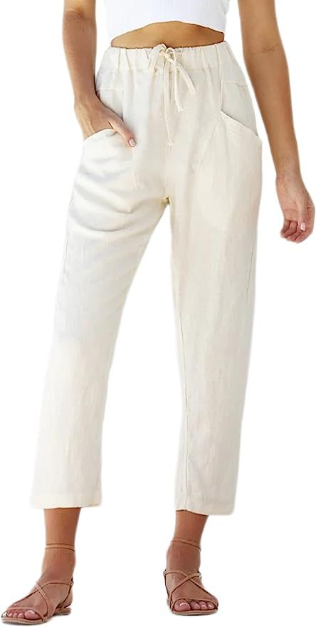 Dqbeng Womens Beach Pants Casual Summer Pull On White Cotton Linen Pants for Women | Amazon (US)