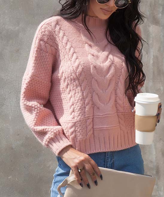 Abyoxi Women's Pullover Sweaters pink - Pink Cable-Knit Mock Neck Crop Sweater | Zulily