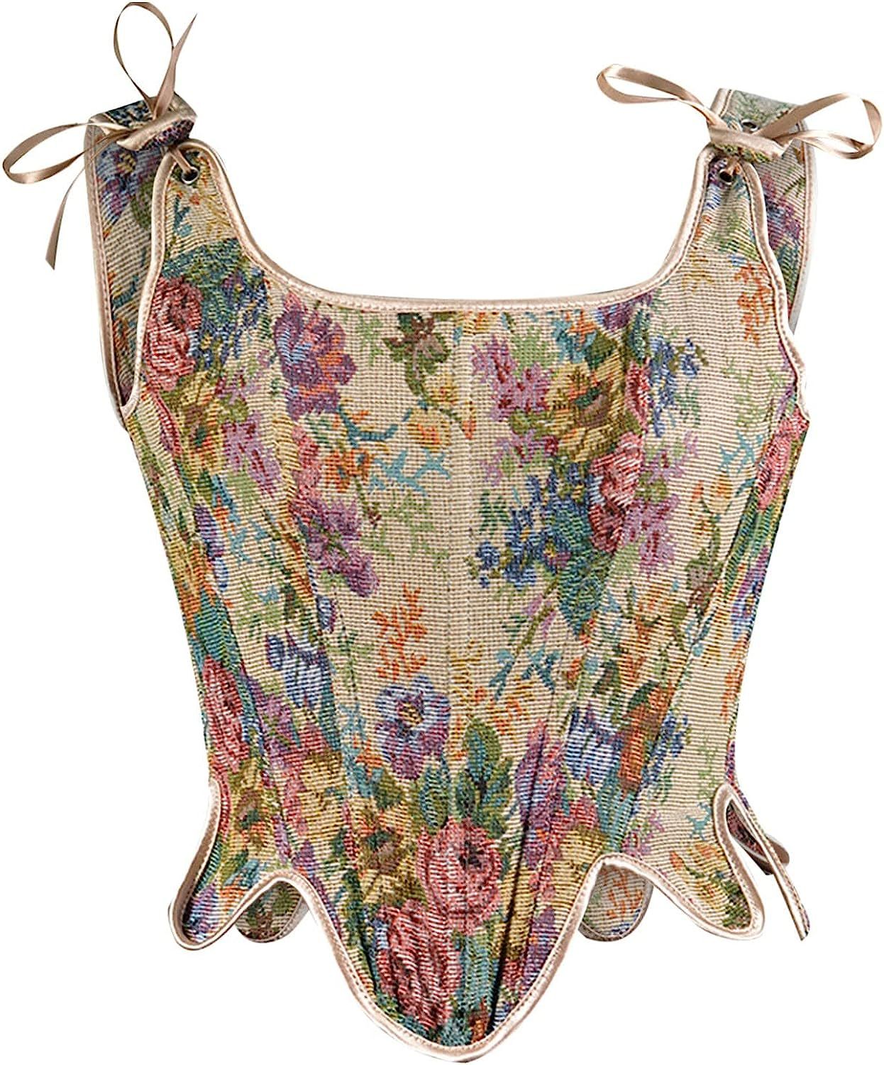 Women Court Vintage Floral Print Vest Sexy Corset Y2K Lace-Up Fishbone Push Up Strap Bustier Lace... | Amazon (US)