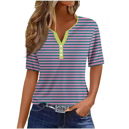 Tshirts For Women Summer Vacation Trendy V Neck Stripe Print Boho Short Sleeve Casual Loose Comfy Tunic Clothes Ladies Tops Clothing T Shirts Outwear | Walmart (US)