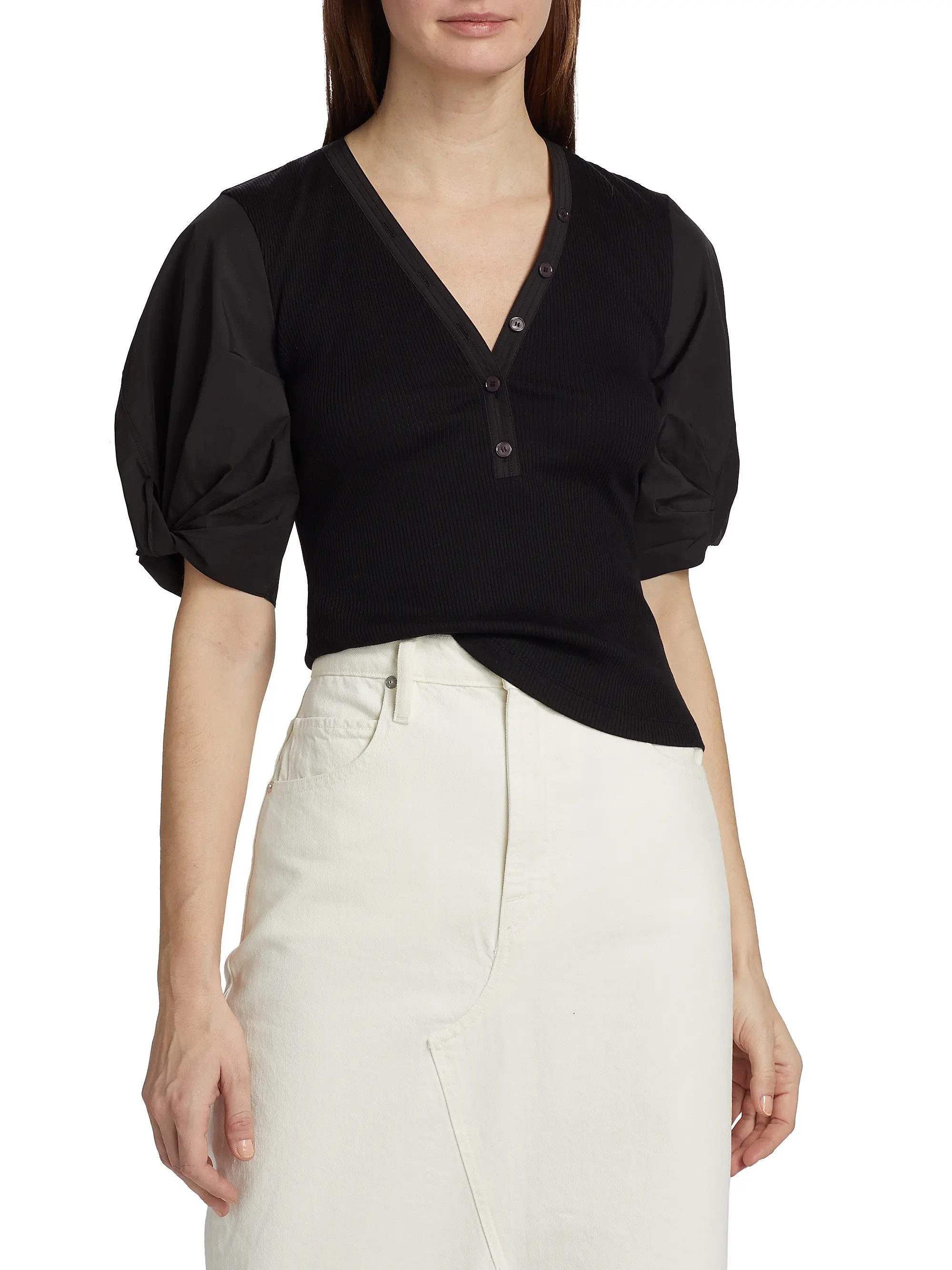 Fallon Cotton-Blend Ribbed Puff-Sleeve Blouse | Saks Fifth Avenue