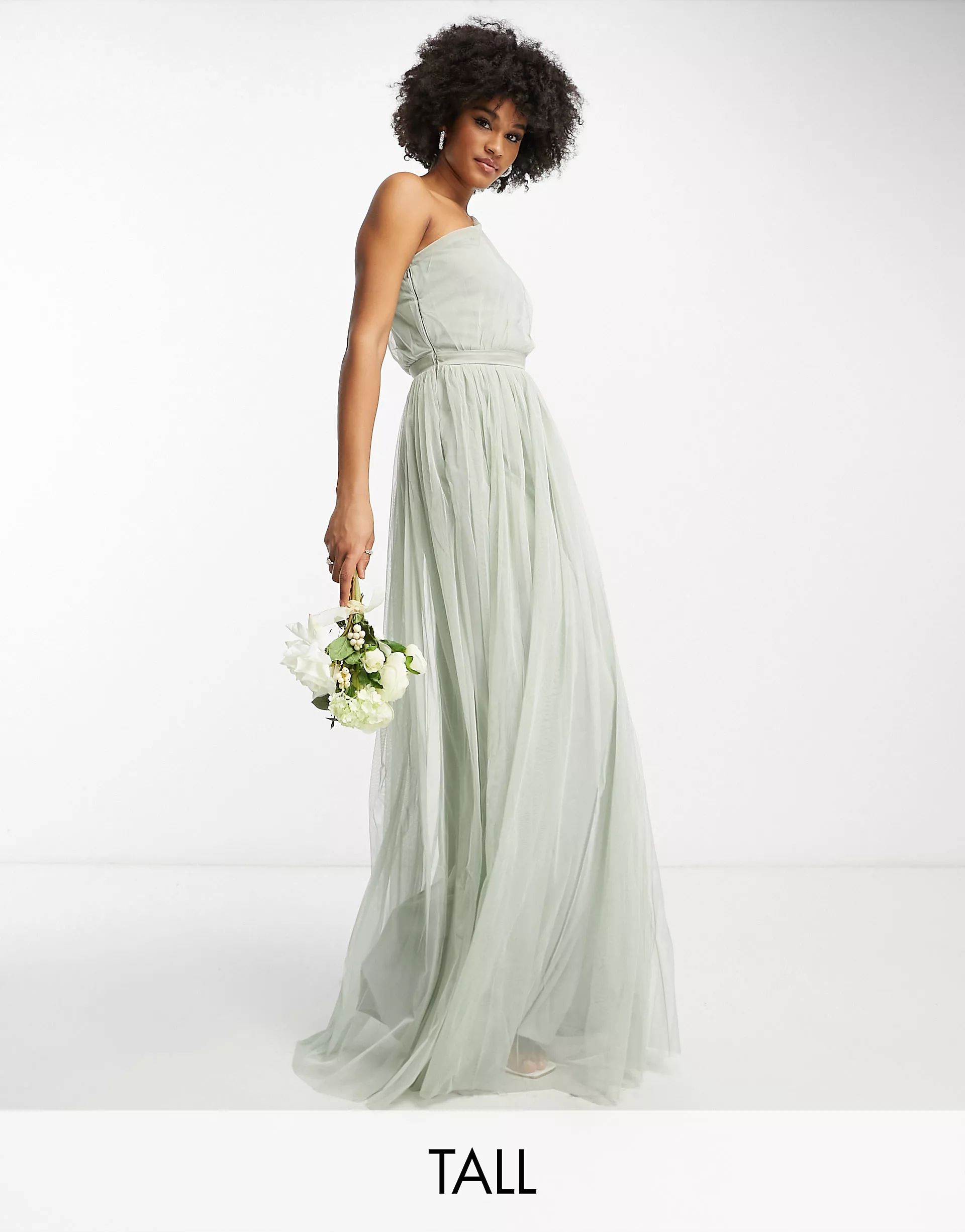 Anaya With Love Tall Bridesmaid tulle one shoulder maxi dress in sage green | ASOS (Global)