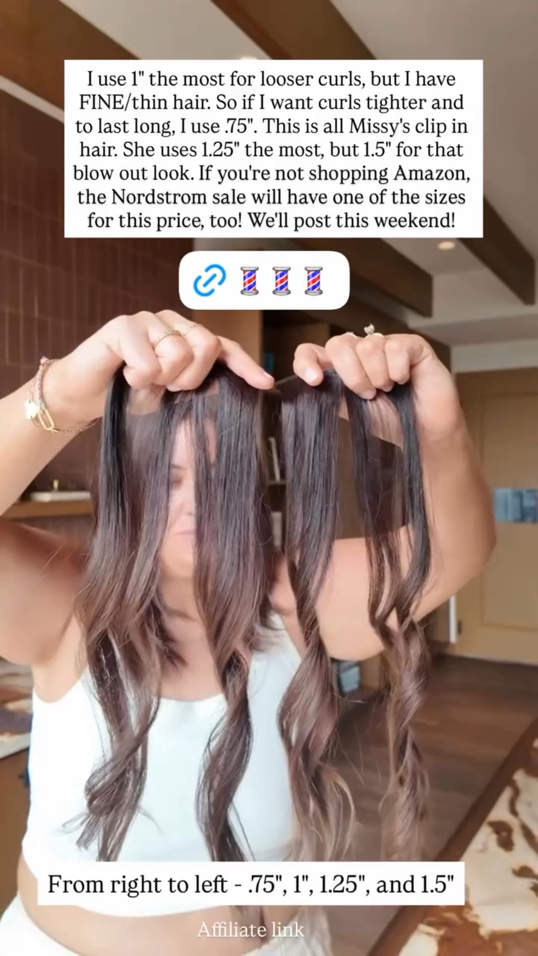 From right to left - .75", 1", 1.25", and 1.5" I use 1" the most for looser curls, but I have FINE/thin hair. So if I want curls tighter and to last long, I use .75". This is all Missy's clip in hair. She uses 1.25" the most, but 1.5" for that blow out look. If you're not shopping Amazon, the Nordstrom sale will have one of the sizes for this price, too! We'll post this weekend!  Affiliate link

#LTKBeauty #LTKFindsUnder100 #LTKSaleAlert