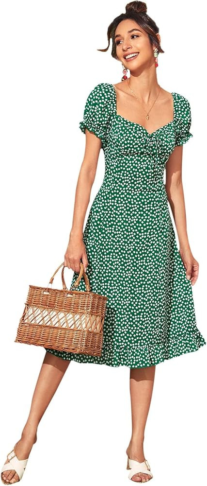 Floerns Women's Milkmaid Floral Print Puff Sleeve Square Neck Slit Hem Midi Dress | Amazon (US)