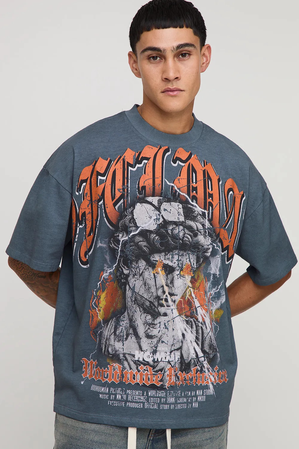 Slate Grey Oversized Extended Neck Ofcl Man Gothic Over Seams Heavyweight Premium Graphic T-Shirt | Boohoo.com (UK & IE)