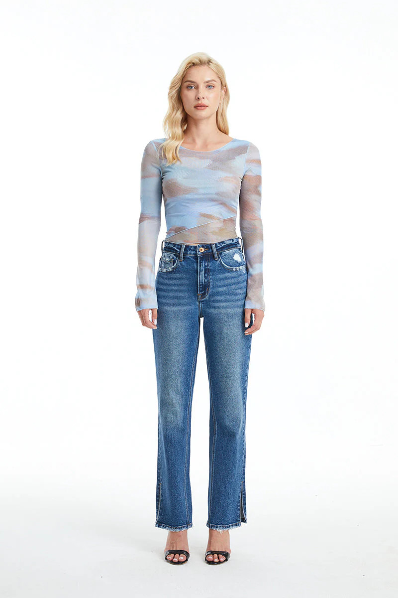 HIGH RISE STRAIGHT JEANS WITH SLIT | Bayeas