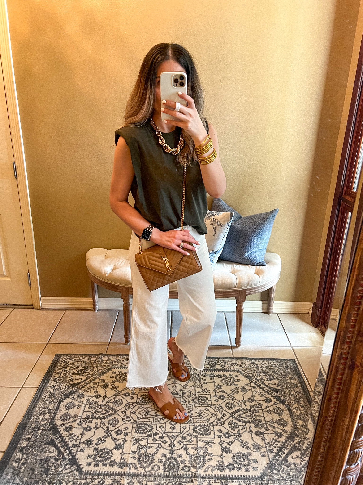 Spring outfit idea mom fit
Shoulder pad t shirt
Olive gree 
Ecru wide leg jeans
Cropped
DIY at home gel manicure 
Off white
Beige
Ysl envelope medium bag
Cognac
H sandals Run TTS
Steve Madden
Hadyn slides
Shop the look 
Oran Hermes Sandals
Look for less
Budhagirl gold bangles
Two tone watch band
Apple Watch
Amazon finds
Gold 
Silver
Rolex band
Carson diff sunglasses
Coco Chanel mademoiselle perfume
Charlotte tilbury pillow talk lip stick


#LTKsalealert #LTKSeasonal #LTKshoecrush